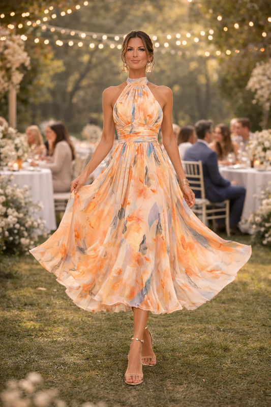 Marta Vestido de Cuello Halter con Estampado de Acuarela